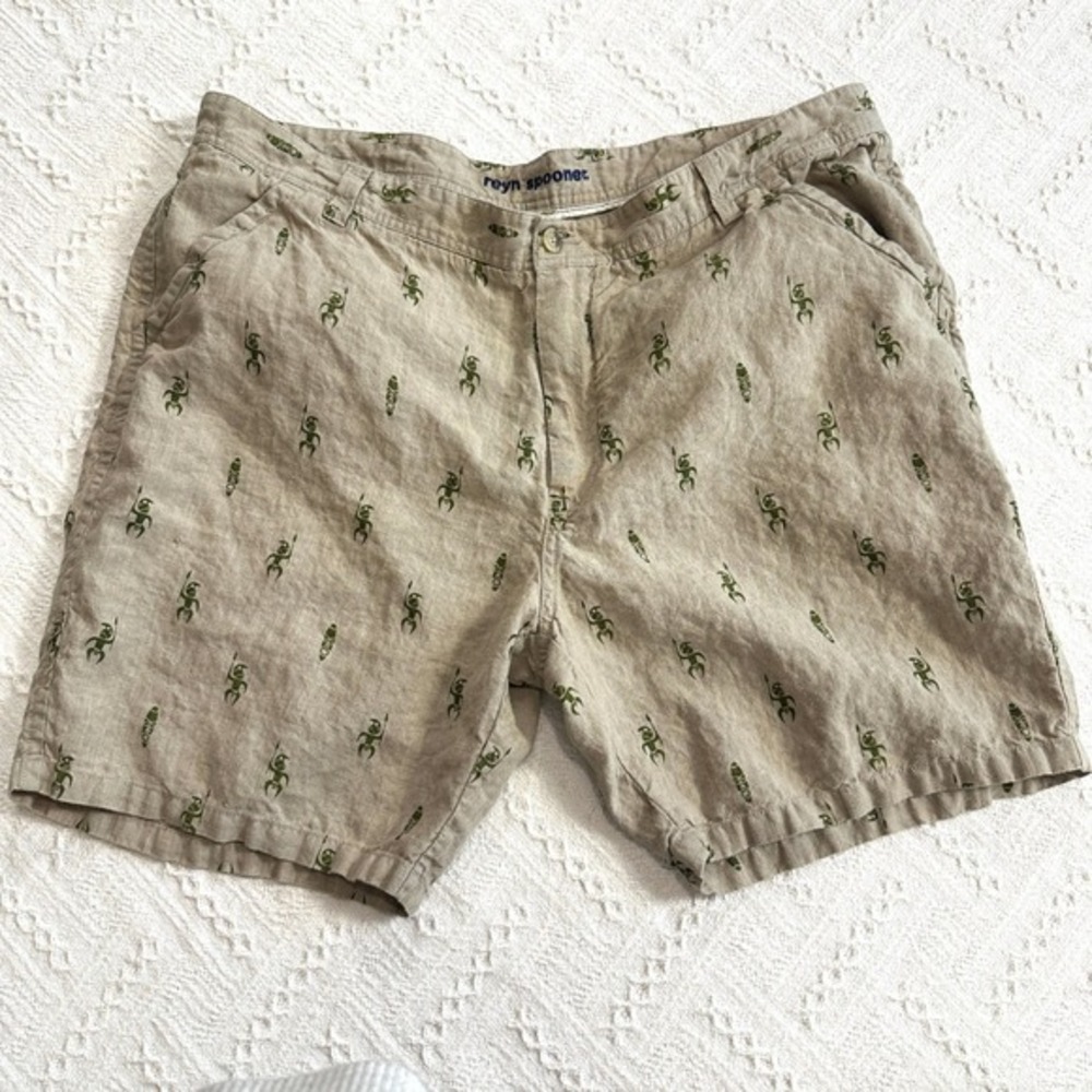 Reyn Spooner 100% Linen Hawaiian Shorts Tan Green 42 Aloha‎ Surf Beach